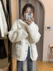 Winter Sweet Korean Faux Lamb Coat Women Vintage Warm Thick Long Sleeve Cute Jacket Casual O Neck Pockets Elegant White Tops New voguable