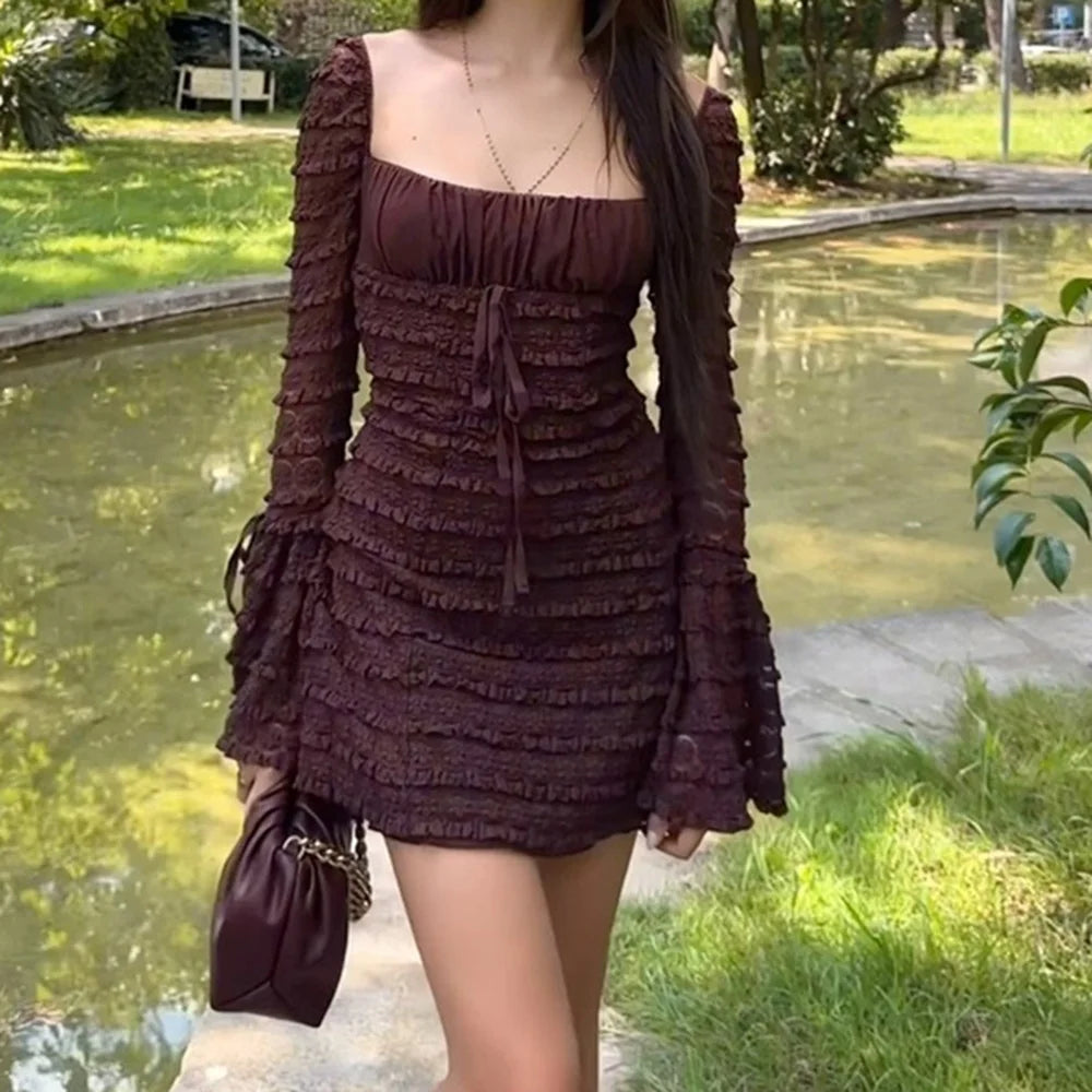 Women's Vintage Lace Ruffles Mini Dress Long Sleeve Textured Tight Hip Wrap Dress Elegant Bow Embellished Dress