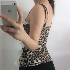 Voguable  Y2K Leopard Print Lace Ruffle Patchwork Camis Brown Coquette Aesthetic Slim-fit Bow Tank Tops Cute Fairycore Vest Cute voguable