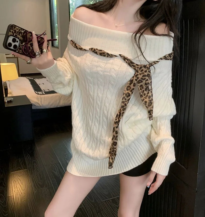 Sexy Off Shoulder Y2K Sweater Women Vintage Leopard Lace Up Knitted Jumper Casual Lazy Wind Long Sleeve Slash Neck Pullover voguable