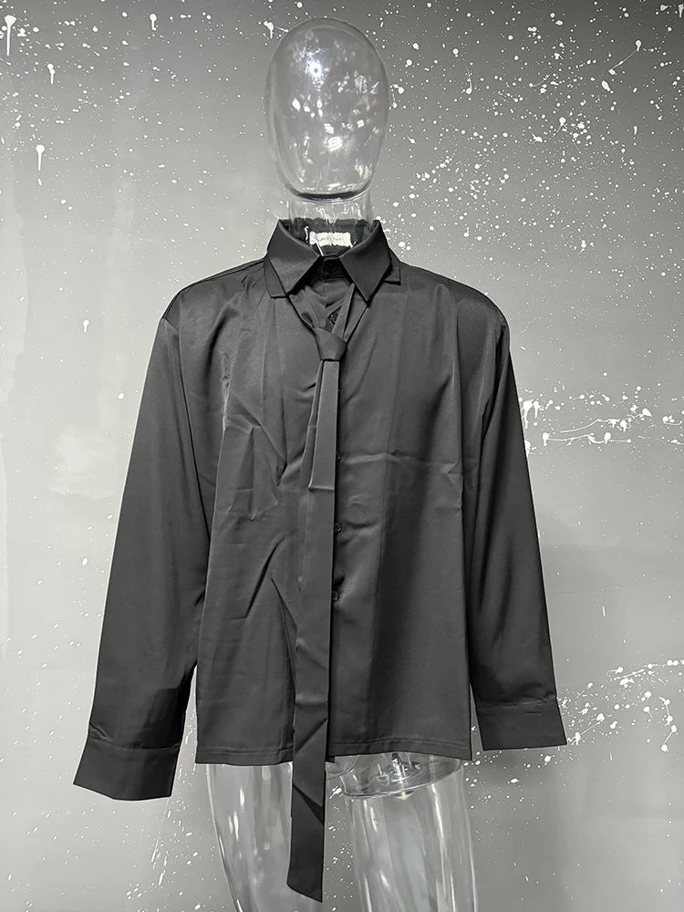 Korean Style Men's Shirts Turn-down Collar Detachable Tie Lace-up Design Single Breasted Casual Solid Color Male Tops 9W180 voguable