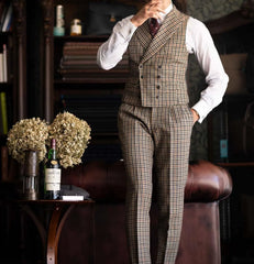 Burgundy Black Green 3 Color Small Square Thousand Bird Man‘s Suit Set Outfit Notch Lapel Blazer Trousers 3pcs Jacket Pants Vest voguable