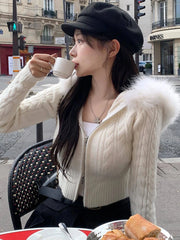 Voguable Furry Hooded Sweaters Coat Autumn Winter Women Casual Hoodie Y2K Zipper Cropped Sweater Jacket Korean Female Knitwear voguable