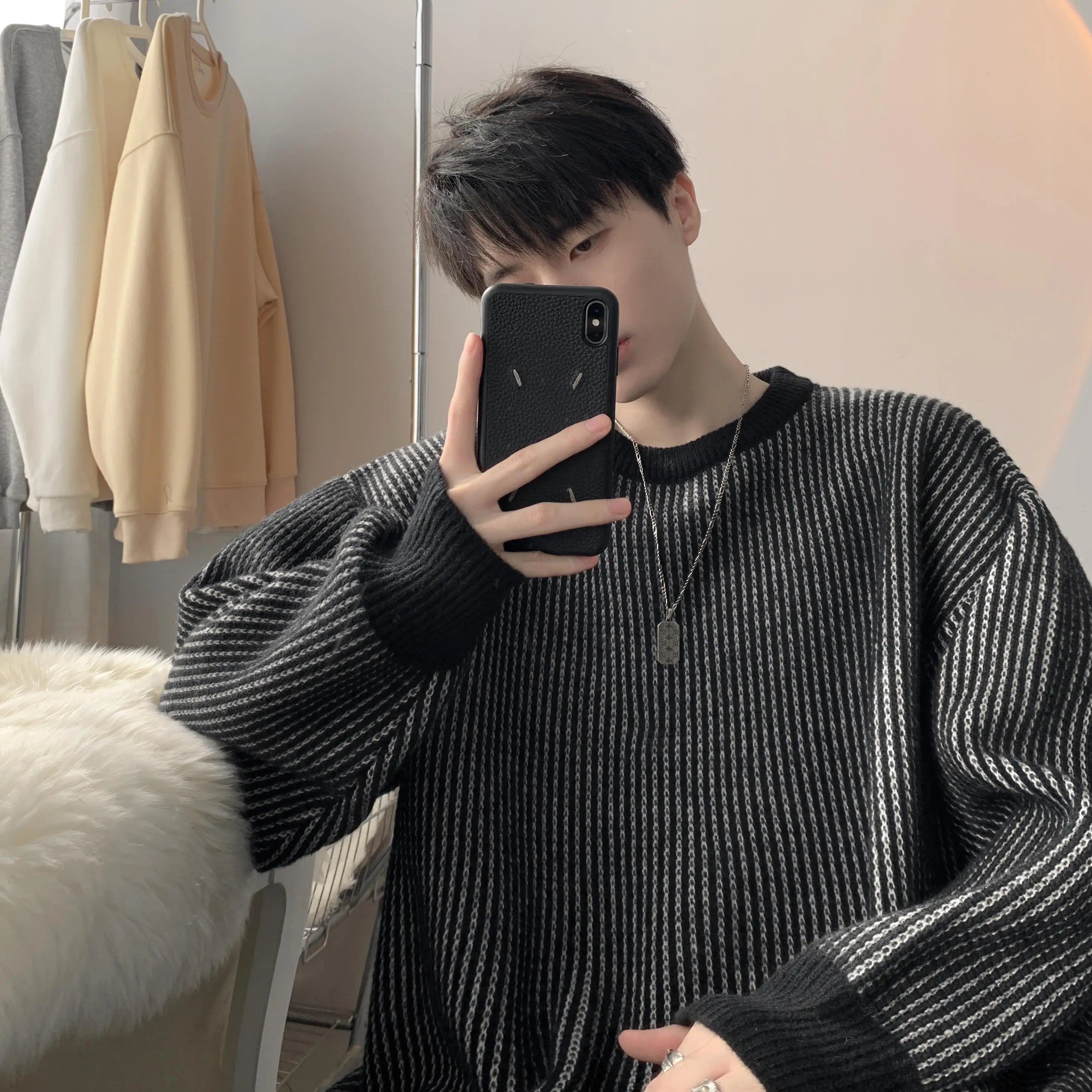 Voguable Striped Knitted Sweater Coat Men Japanese Oversize Casual Autumn Winter Loose O-neck Pullovers for Man Streetwear voguable