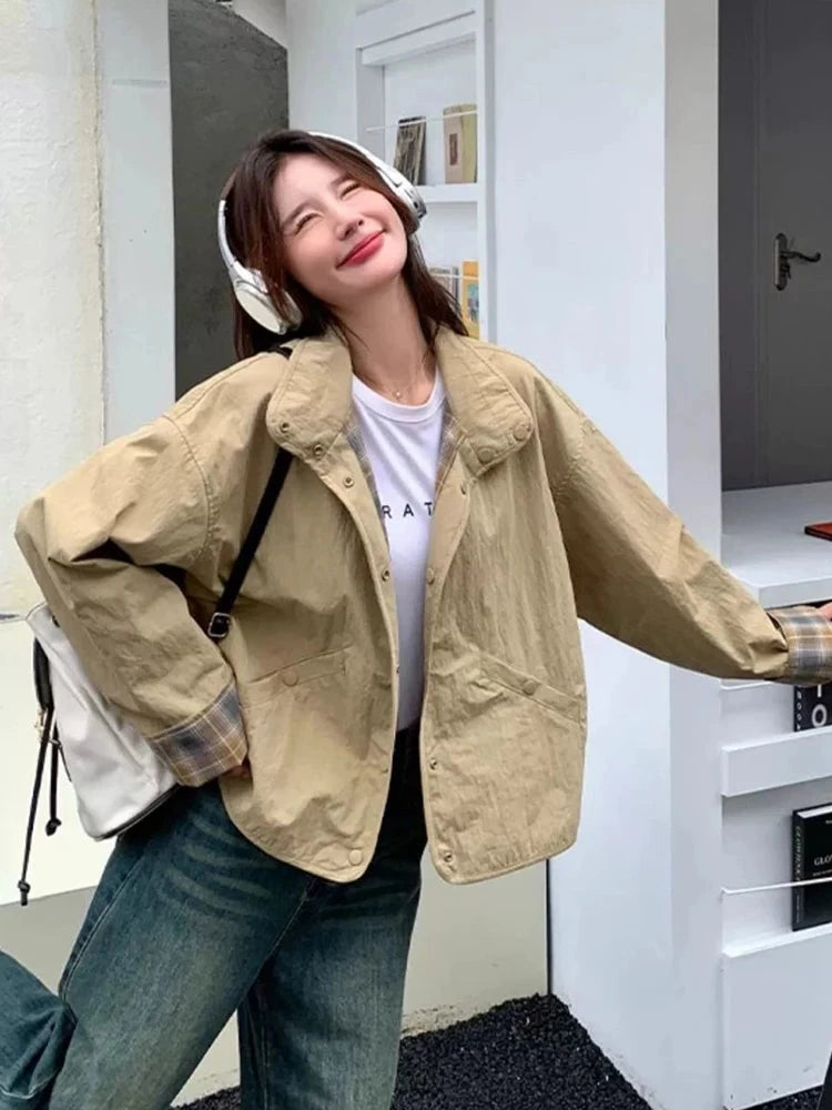 Vintage Plaid Cargo Jacket Women Retro Double Sided Wear Preppy Style Sweet Coat Korean Fall Winter Long Sleeve Pockets Top voguable