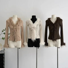 Y2k Aesthetic V-neck Jacket Women Korean Sexy Fashion Cardigan  Harajuku Vintage Bandage Fur Patchwork Coat 2024 Spring Chic voguable