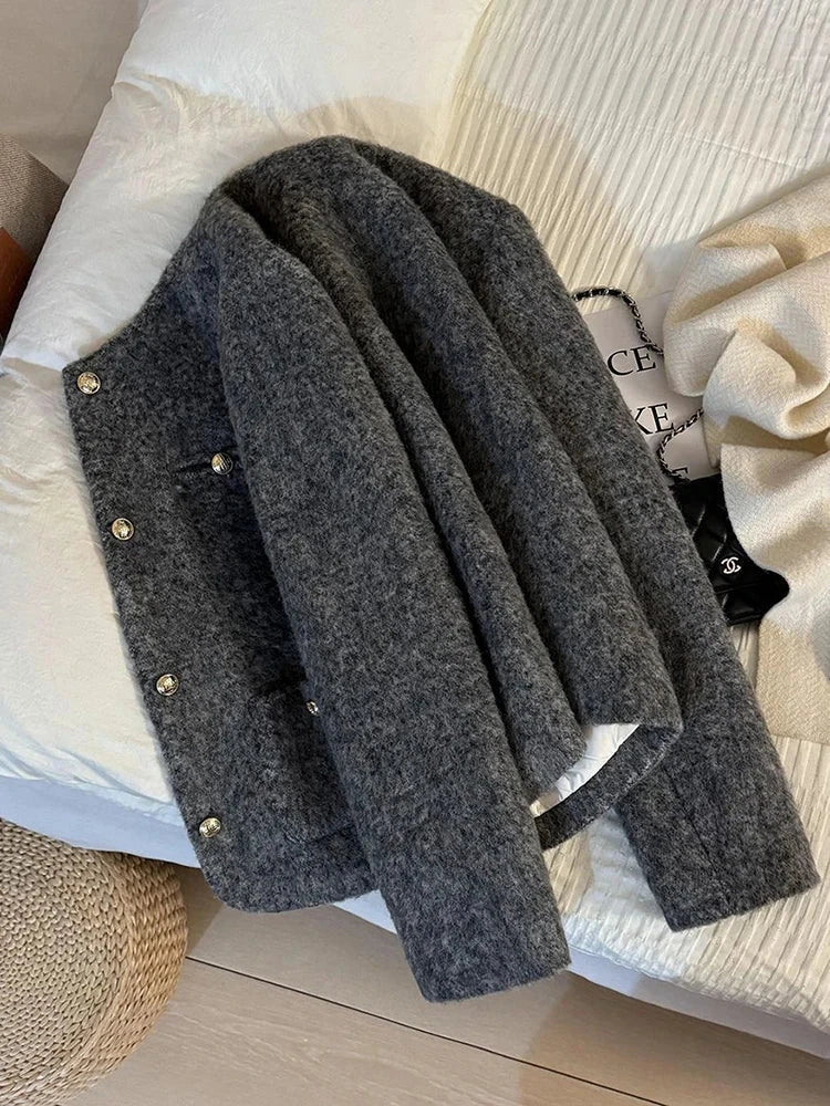Vintage Faux Woolen Coat Women Warm Winter Thick Long Sleeve Gray Cotton Jacket Female Retro O Neck Pockets Casual Tops New voguable