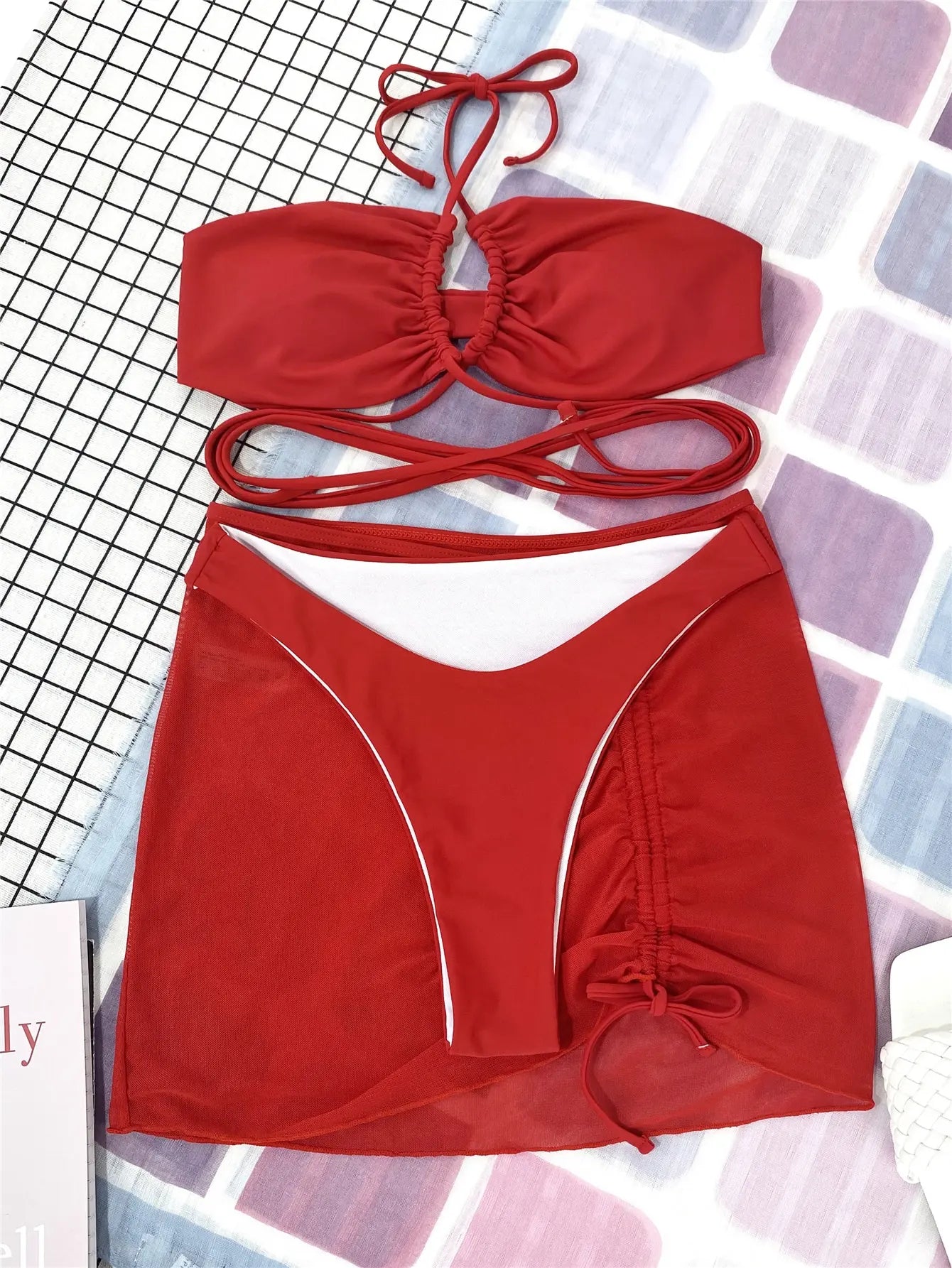 Voguable  3 Pieces Criss Cross Halter Bikini Women & Beach Skirt Swimwear Female Sexy Swimsuit Beachwear Bathing Swimming Suit voguable