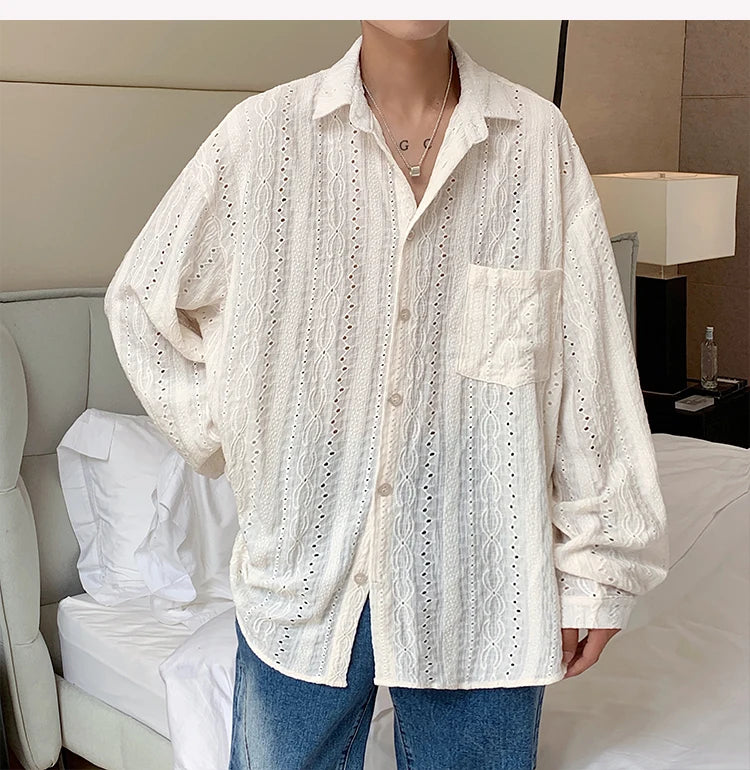 Voguable Shirts for men Apricot Handsome Lapel Men Blouse Vacation Hollow Out Sexy Fashion Men Clothing Male Mesh Long-sleeved Shirts voguable