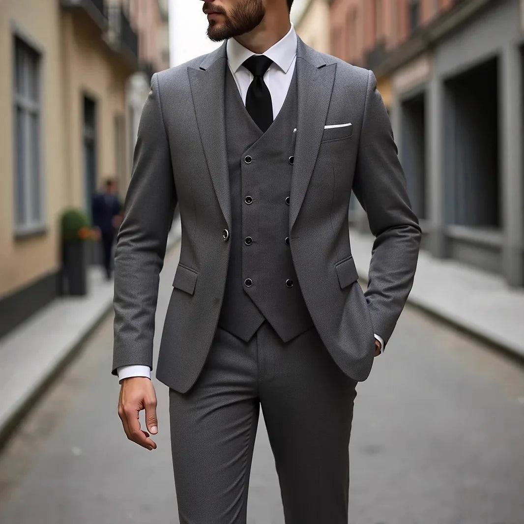 Voguable  Dark Grey High Quality Men Suits Slim Fit Single Breasted Peak Lapel Elegant Groom 3 Piece Jacket Pants Vest Male Sets voguable