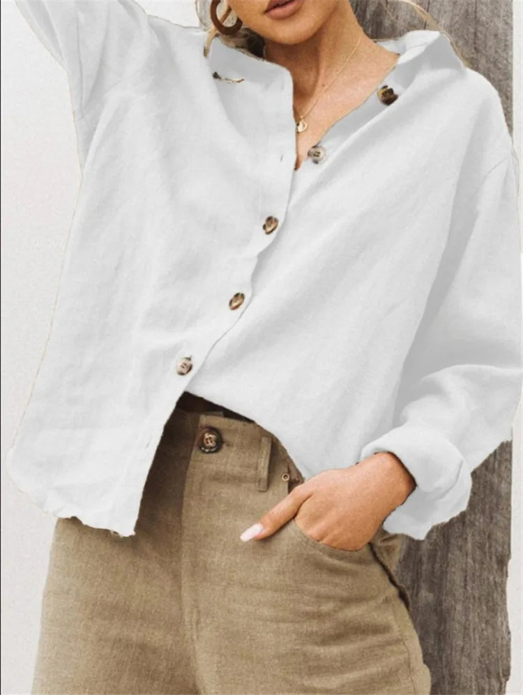 Voguable  Fashion Solid Color Loose Fit Simple Versatile Casual Women's Shirt Turn-dowen Collar Button Lightweight Long Sleeved Shirt New voguable