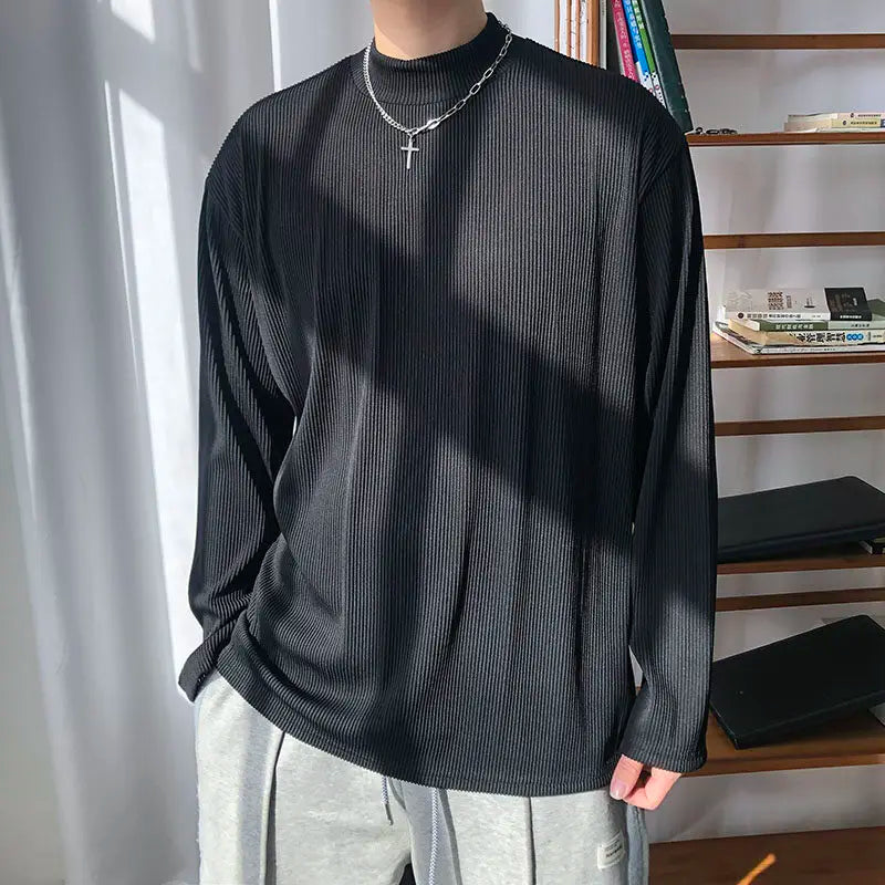 Long Sleeved T-shirt Men Casual Pleated T Shirt Men Japanese Streetwear Loose Ice Silk T Shirt Mens Stand Up Collar Tshirt voguable