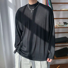 Long Sleeved T-shirt Men Casual Pleated T Shirt Men Japanese Streetwear Loose Ice Silk T Shirt Mens Stand Up Collar Tshirt voguable