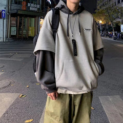 Voguable  Hoodies men fake two-piece sweatshirt autumn stitching Korean loose contrast color hooded long-sleeved black  white gray design voguable