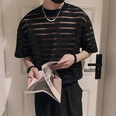 Voguable  Korean New Men's Clothing Fashion Hollow Out Striped Tops Man Comfortable Breathable Lace Thin Style T-shirt voguable
