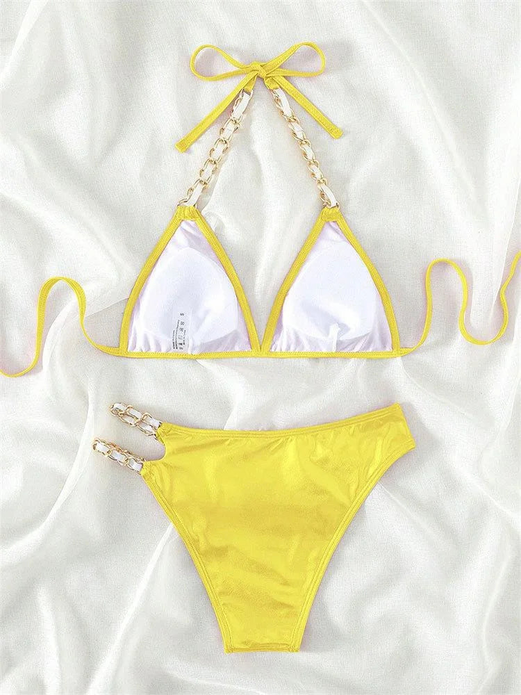 Voguable Push Up Bikini Micro Bikinis Set Pink Gradient Metal Strap Swimsuit Women Sexy Cut Out Bathing Suit High Waist Swimwear voguable