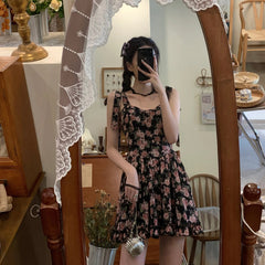 Voguable  New Summer Elegant Lace-up Bow Women Strap Dress Cute Floral Printing Off Shoulder Sleeveless V-neck Hot Chick Mini Dress voguable