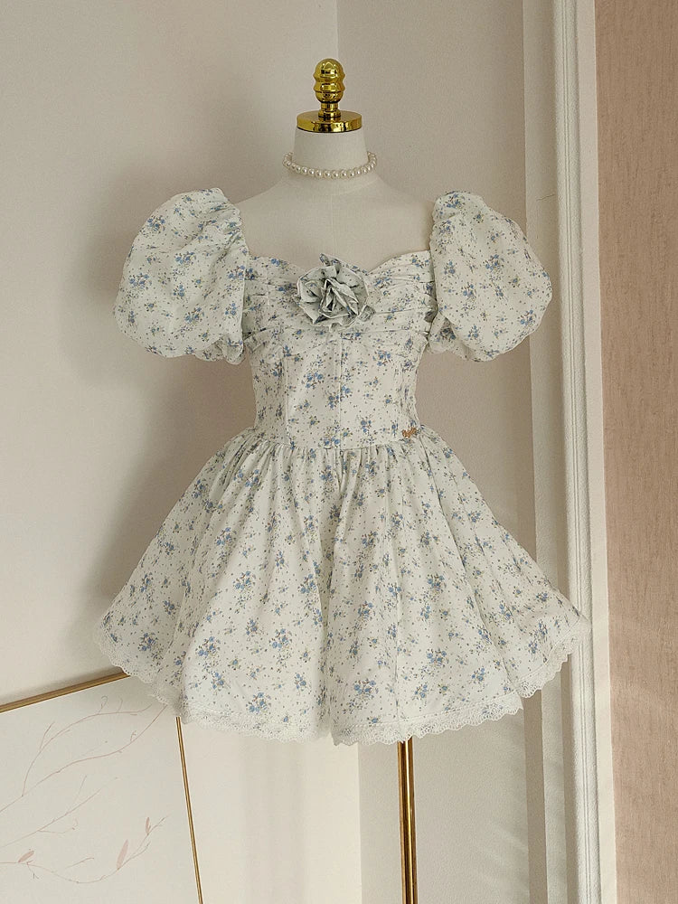 Fashion Women Dress Patchwork Lace 3D Flowers Print Short Puff Sleeve Square Collar Female Party Dress New Tide voguable