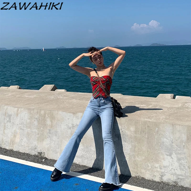 Tank Top Women American Retro Strapless Tube Slim Y2K Aesthetic Zipper Designed Fashion Vintage Plaid Patchworl Streetwear voguable
