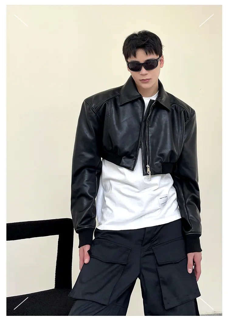 Spring Autumn Cropped Pu Leather Jacket Men Long Sleeve Zipper Luxury Designer Clothes Runway European Fashion voguable