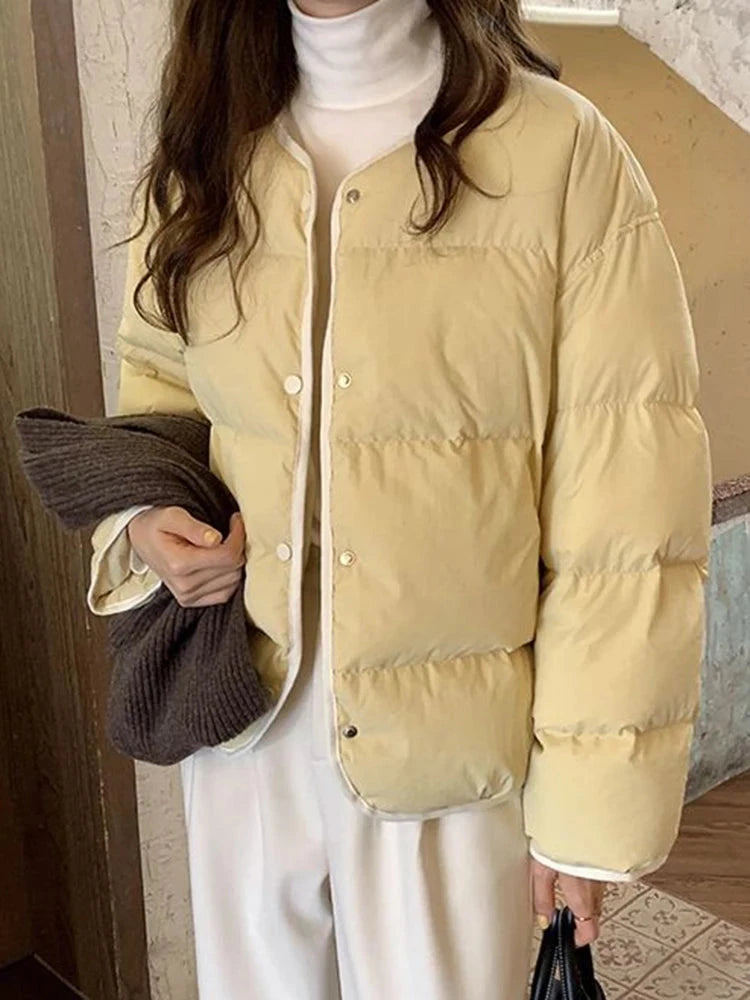 Sweet O Neck Cute Parkas Women Long Sleeve Preppy Style Warm Cotton Coat Japan Casual Female Solid Thick Warm Retro Jacket voguable