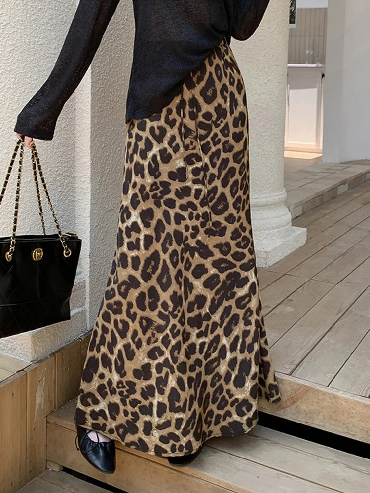 Sexy Slim Leopard Long Skirts Women High Waist Retro Streetwear Y2K Skirt Fall Casual Harajuku American Vintage Long Skirt voguable