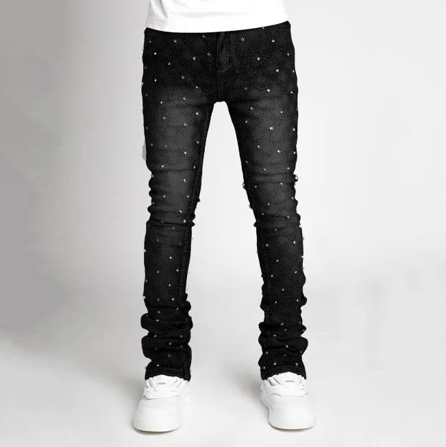 Voguable  Men's denim fashion personality straight leg men's pants European and American fashion Instagram hot item elastic pearl denim la voguable