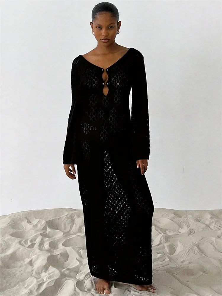 White Knit Fashion Cover up Maxi Dress Female See-Through V-Neck Hollow Out Beach Holiday Dress Knitwear Backless Dress voguable