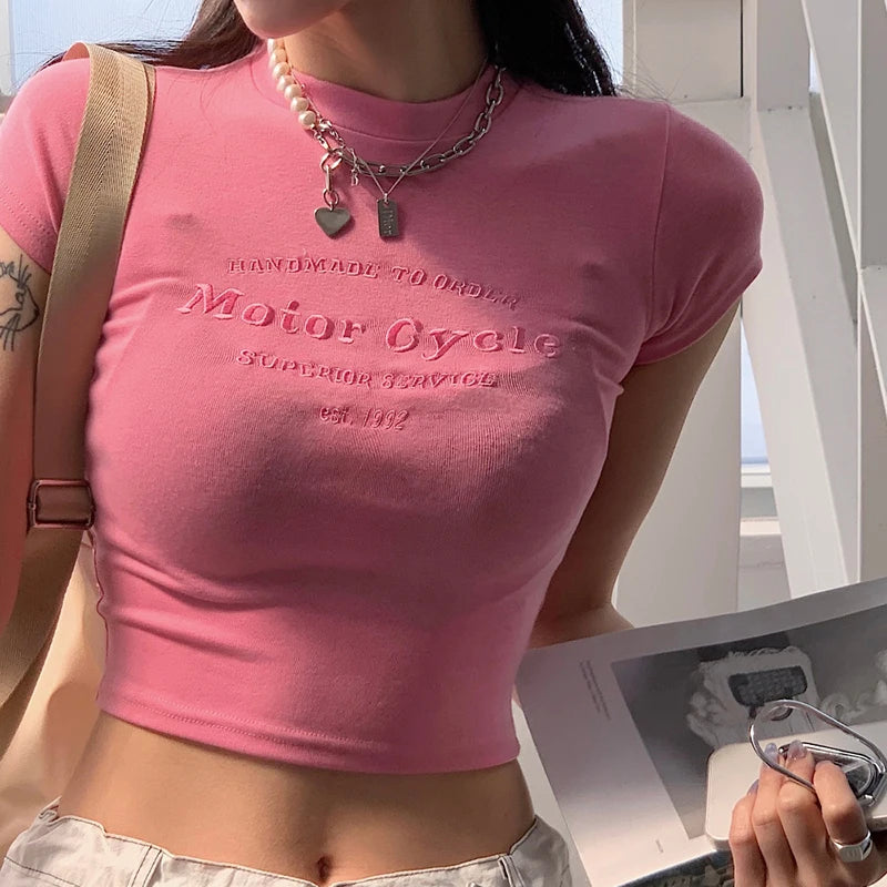 Voguable Letter Embroidery Cropped Top Pink Sweet Aesthetic T Shirt Short Sleeve Casual Tees Korean Fashion Gentle Mature Tops voguable