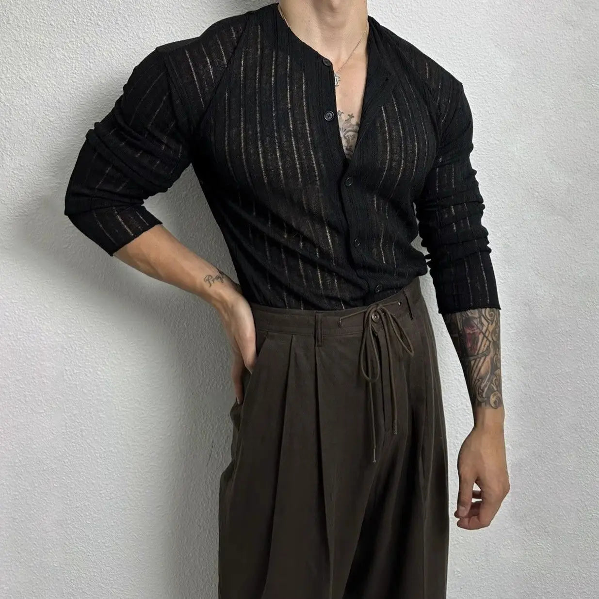 Autumn Hollow Design Knitted Cardigan Men T-shirt Korean Long Sleeve High-end Round Collar Button Holiday Hawaiian Shirt voguable
