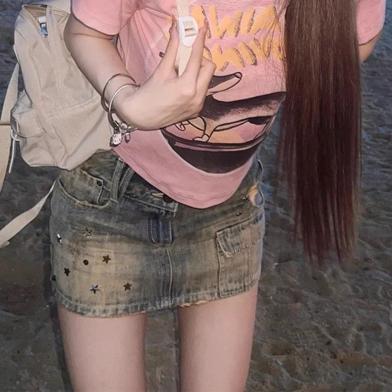 Vintage Y2k Denim Skirt Women Sexy Harajuku Star Streetwear Mini Skirts A-line Retro Fashion Slim Up Casual Jeans Skirt voguable