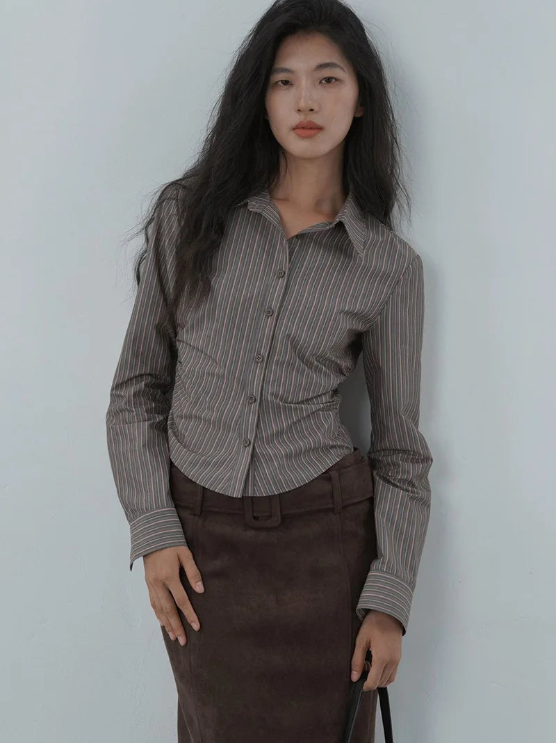 American Retro Slim Striped Shirt Fall Long Sleeve Harajuku Y2K Blouse Casual Vintage Female Streetwear Gothic Hip Hop New Tops voguable