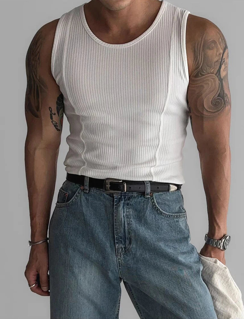 Voguable  American Style Pure Cotton Ribbed Tank Top Muscle Men Hard Man Tight High Elasticity Sleeveless T-Shirt Splice Design Small S... voguable