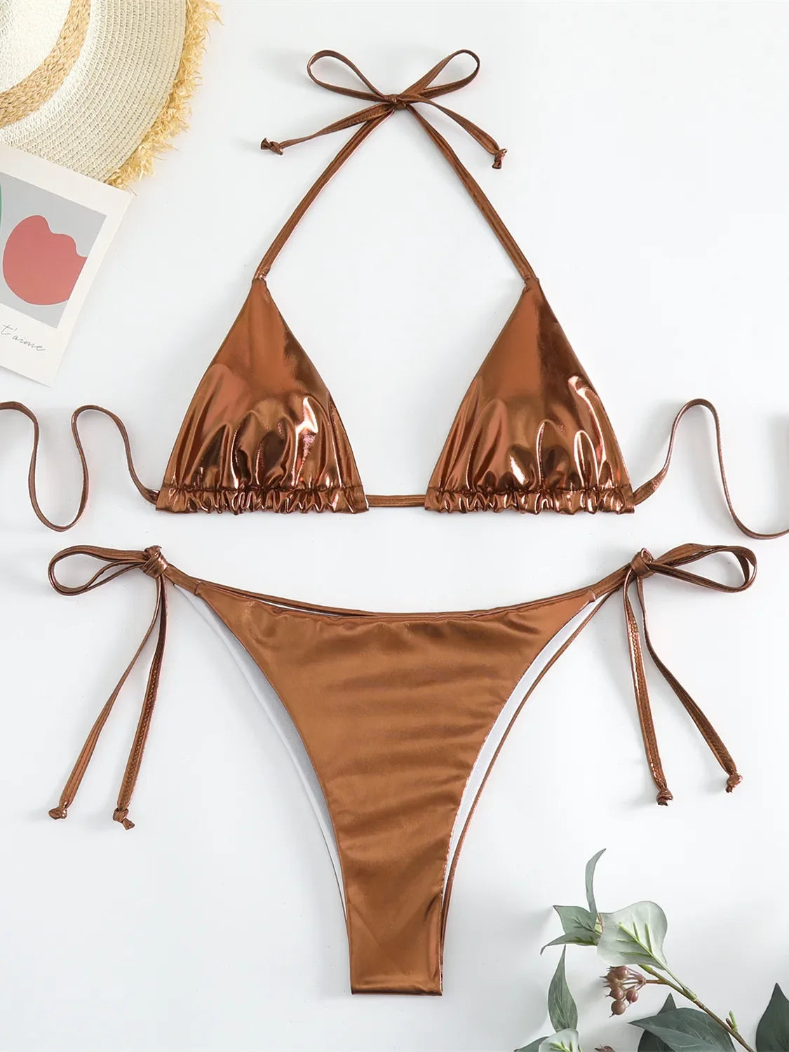 Voguable Sexy Brozing Gold Bikinis Sets Women Push Up Micro Bikini Swimsuit 2024 Brazilian Beach Bathing Suit Tie Side Triangle Swimwear voguable