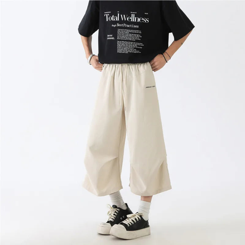 Summer Thin Casual Pants Men Fashion Black Wide Leg Pants Men Streetwear Hip-hop Loose Ice Silk Pants Mens Cropped Trousers voguable