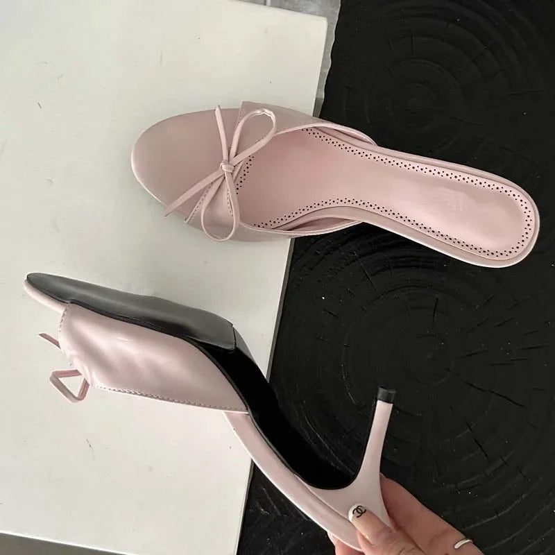 Summer Pink Butterfly-knot Woman Slippers Elegance Stripper Thin Low Heels Ladies Mules Slides Shoes voguable