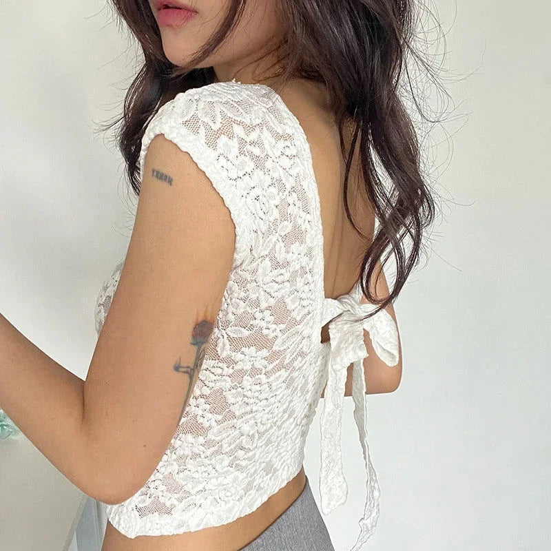 Y2K Lace Patchwork Women T Shirt French Sexy Backless Lace-Up Short Sleeve White Crop Tops Female Summer Slim Bottoming Tees voguable