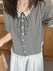 Sweet Vintage Women Plaid Blouse Casual Preppy Style Lace Patchwork Loose Shirt Cute Retro Female Short Sleeve Lace Up Tops voguable