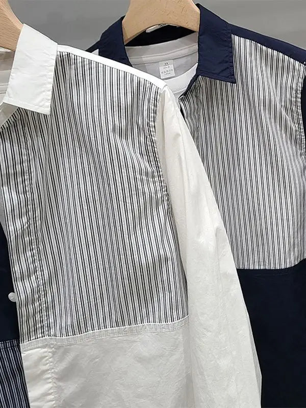 Voguable  Stripe Contrasting Splicing Long Sleeved Shirt Men's Korean Version Simple Loose Casual Shirt Top Trend voguable