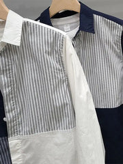 Voguable  Stripe Contrasting Splicing Long Sleeved Shirt Men's Korean Version Simple Loose Casual Shirt Top Trend voguable