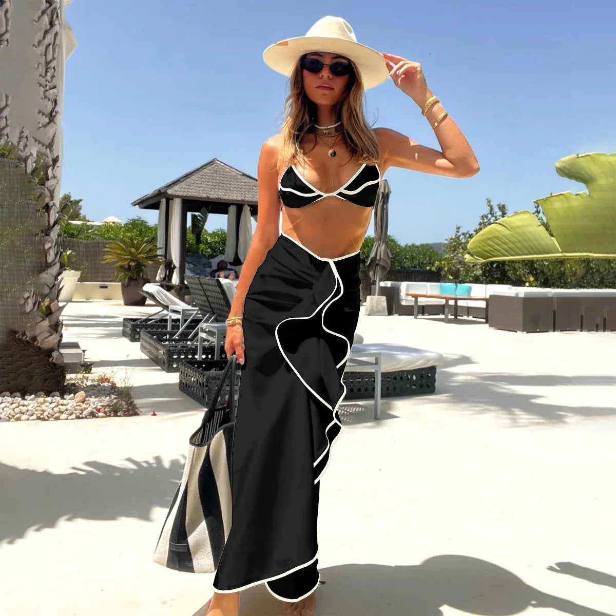 3 Pieces Sexy Bikini Set Black White Bikinis Women Swimsuit Female Elegant Swimwear Long Skirt Bathing Suit Beachwear Cover Up voguable