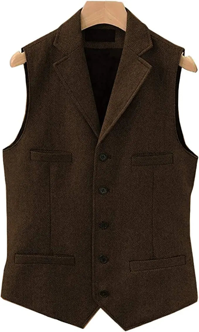 Tweed Herringbone Mens Suit Vest Slim Fit Notch Lapel With 4 Pockets Groomsmen Wedding Waistcoat For Wedding voguable