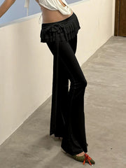 Voguable Black Lace Up Ruffled Skirt Pants Low Waist Women Coquette Y2K Streetwear Wide Leg Trouser Fashion Flare Pants Harajuku voguable