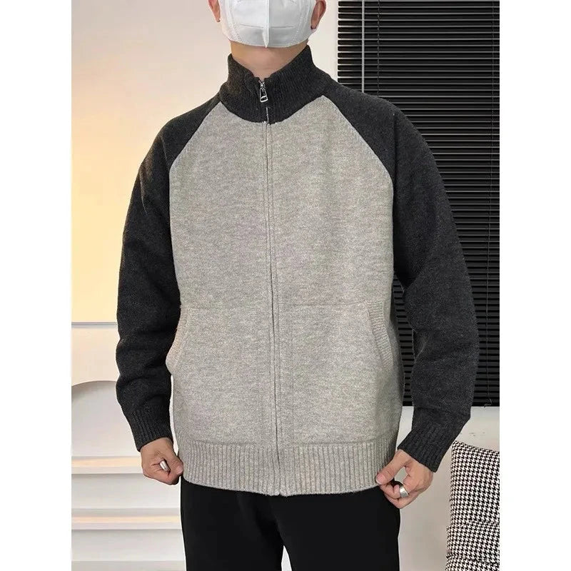 Autumn Men's Zipper Cardigan Jacket Casual Patchwork Stand Collar Long Sleeve Sweater Korean Premium Quality Knitted Outerwear voguable