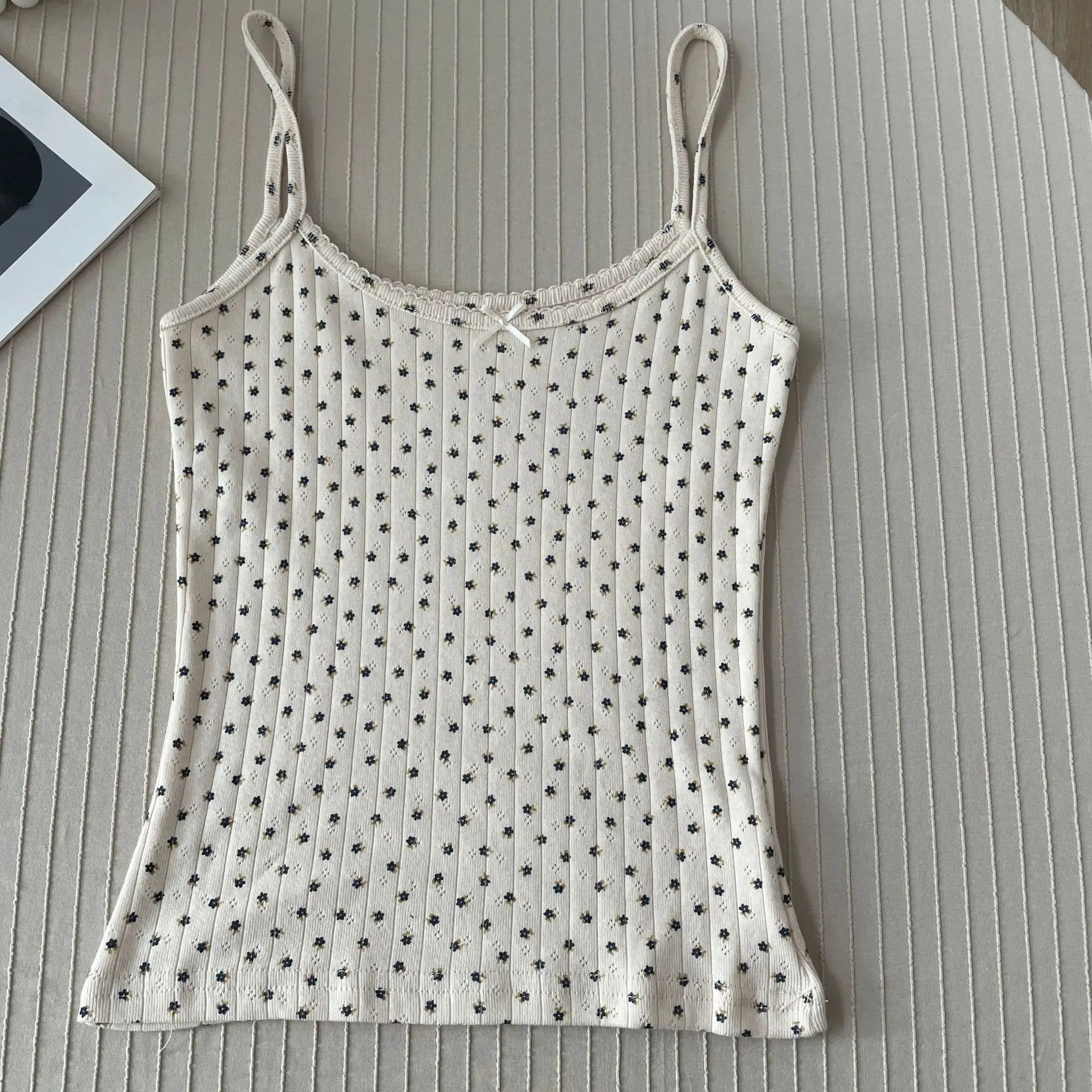 Floral Eyelet Bow Cotton Crop Tops Summer Lace Trim Sleeveless Slim Tank Top Women Preppy Style Sweet Camisole Y2k Clothes voguable