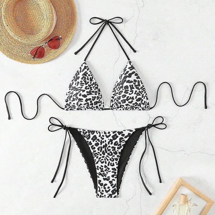 Voguable  Fashion Sexy Leopard Laced Up Bikini Women Split Swimsuit Beach Vacation Bikini All Season Backless Bikini 2 Piece Set voguable