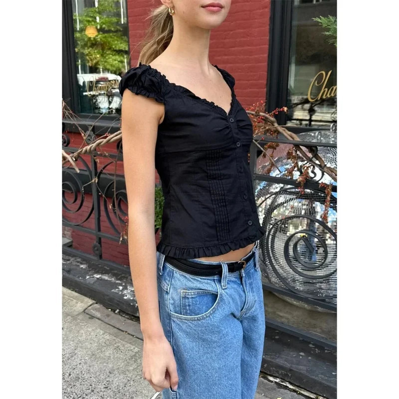 y2k Tank Top Women Summer Clothes Solid Color Cap Sleeve Button Down Slim Fit Frill T Shirt 2000s Vest Streetwear voguable
