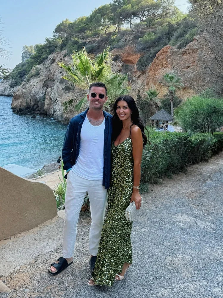 Women's Green Sequin Backless Sling Dress Sexy Sleeveless Off Shoulder Slim Vestidos Elegant Female Evening Party Long Robes voguable