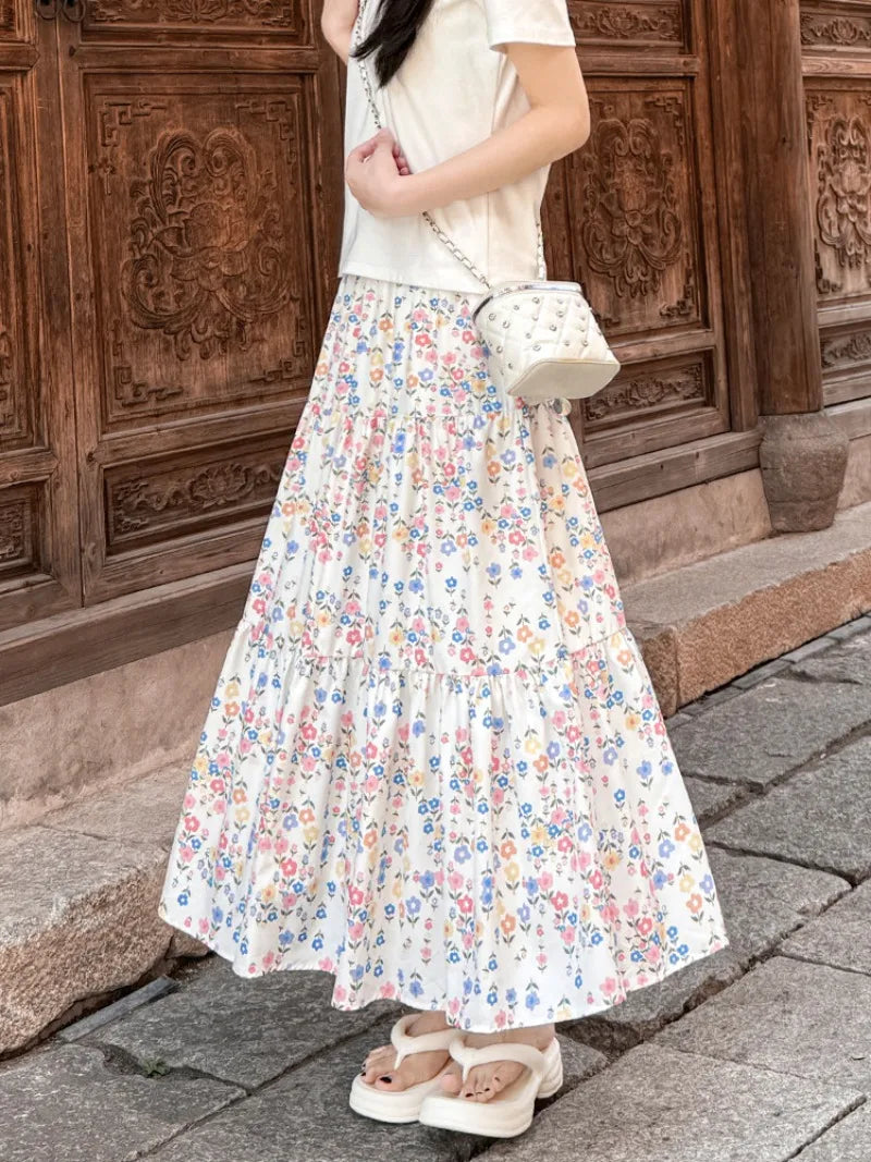 Voguable  Summer Korean Style A-line Floral Skirt Woman All Match Elastic High Waist Midi Skirt for Women Sweet Print Patchwork Cake Skirt voguable
