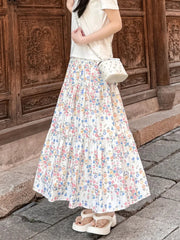 Voguable  Summer Korean Style A-line Floral Skirt Woman All Match Elastic High Waist Midi Skirt for Women Sweet Print Patchwork Cake Skirt voguable